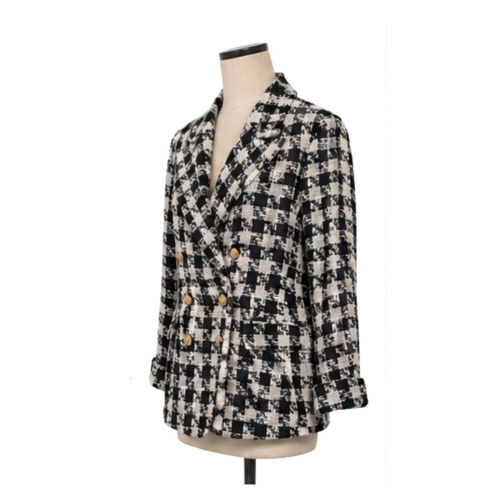 Ellen Tracy Double Breasted Tweed Blazer Black Ivory Plaid Gold Buttons S
